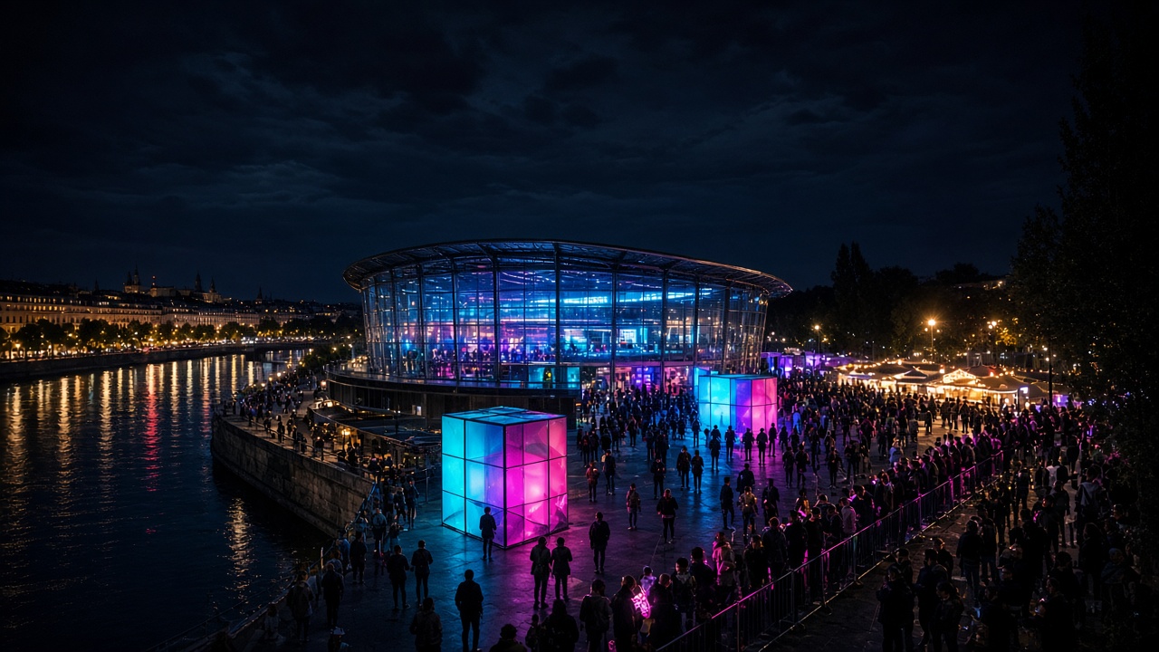 Pavillon lumineux au bord de l'eau, soir de festival esport