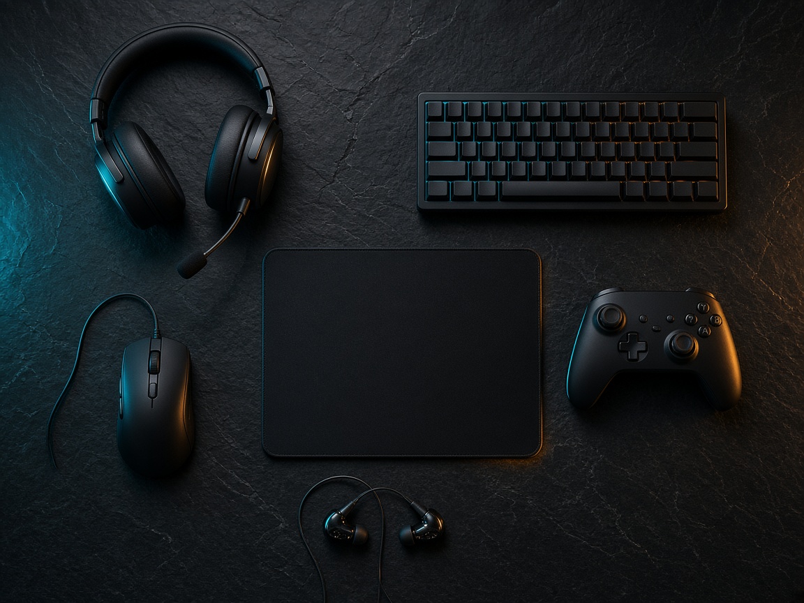 Casque, souris, clavier et manette vus du dessus