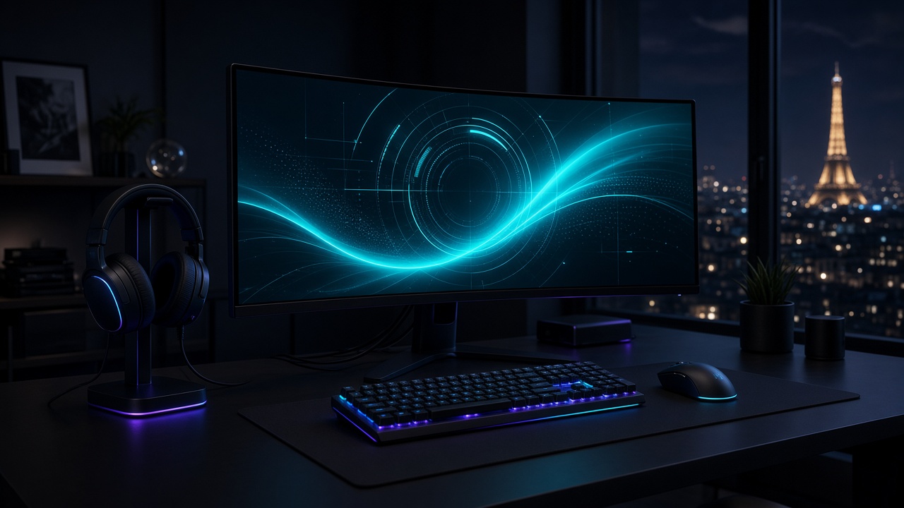 Setup FPS de nuit avec écran, clavier et casque